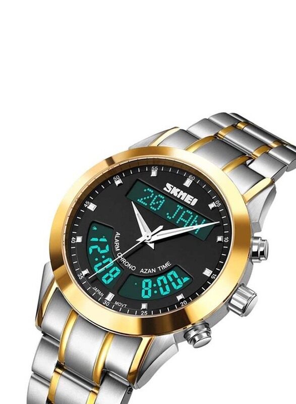 

SKMEI Islamic Analog + Digital Watch for Men with Stainless Steel Band, Water Resistant, Silver/Gold-Black