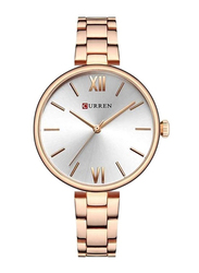Curren Analog Watch for Women with Alloy Band, Water Resistant, 9017, Rose Gold-White