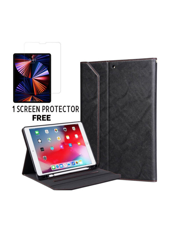 

Cat - Cot 12.9 inch Apple Ipad 2022/2021/2020 Protective Premium PU Leather Stand Folio Tablet Case Cover with Tempered Glass Screen Protector, Black