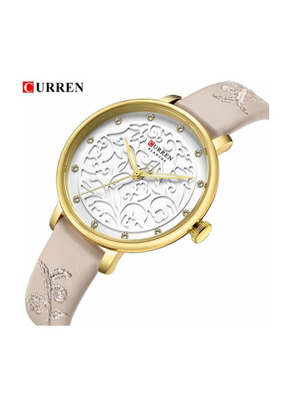 Curren Analog Watch for Women with PU Leather Band, Beige-White