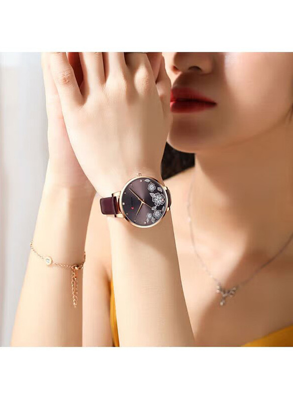 Curren Analog Watch for Women with Leather Band, Water Resistant, J-4896BU, Burgundy/Burgundy
