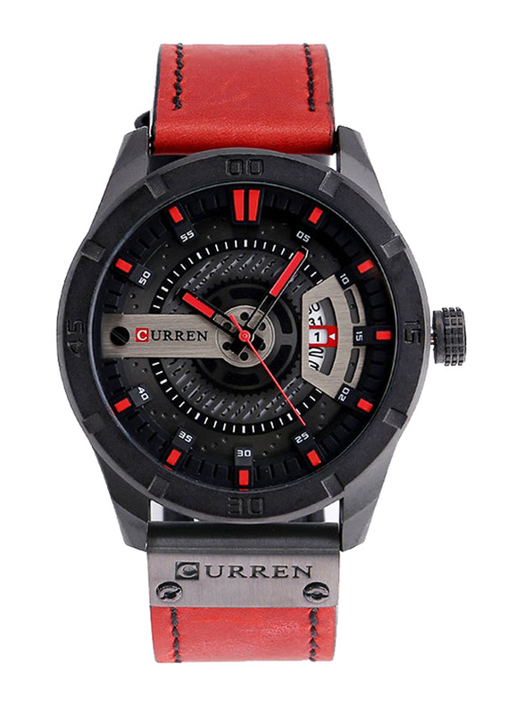 Curren Analog Wrist Watch for Men with Leather Strap, Water Resistant, J4171BR-KM, Red-Black