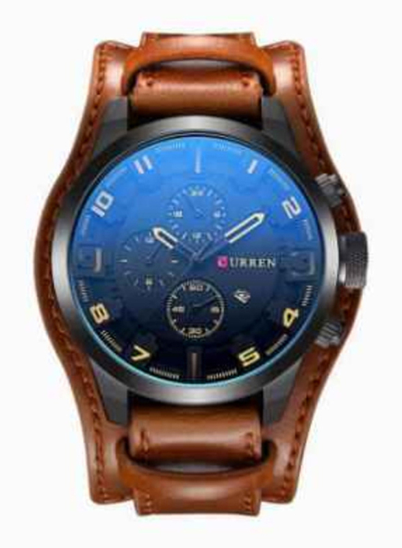 Curren Analog Watch for Men with Leather Band, Water Resistant and Chronograph, 8225, Blue-Coffee