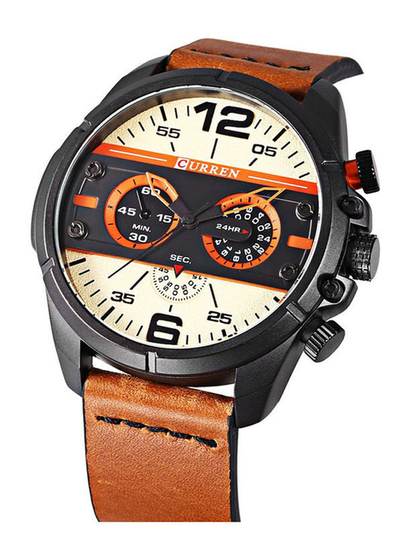 Curren Analog Watch for Men with Leather Band, Chronograph, J3748SY-KM, Brown-Black/Beige