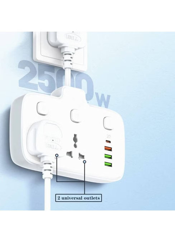 2 Way Plugs Extension Multi Sockets Wall Charger Adapter with 1 PD & 1 QC3.0 & 2 Auto I'D Ports, 2500W Power Socket, White