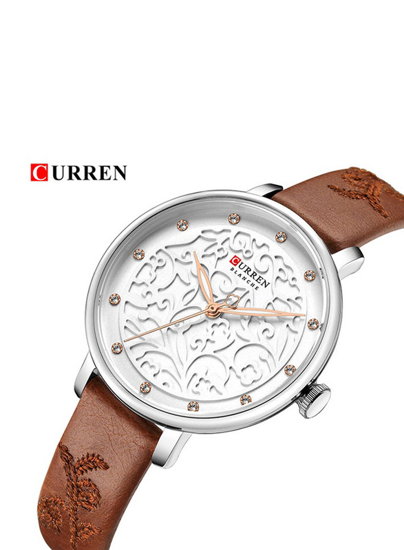 Curren Analog Watch for Women with PU Leather Band, 4341, White/Brown