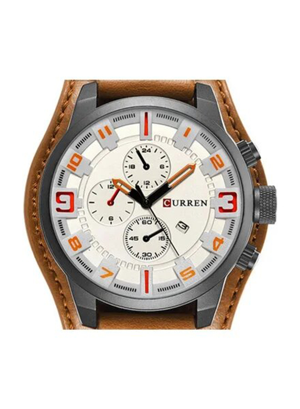 Curren Analog Watch for Men with Leather Band, NNSB03700285, Brown/White