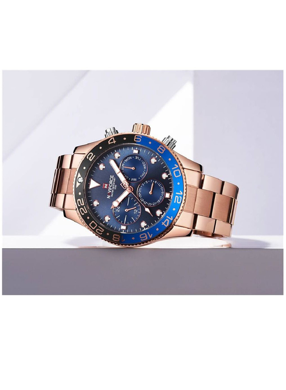 Naviforce Analog Watch for Men with Stainless Steel Band, Chronograph and Water Resistant, NF9147, Rose Gold -Blue