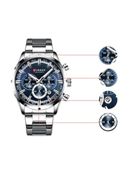 Curren Analog Watch for Men with Alloy Band, Water Resistant and Chronograph, J4056-3-KM, Silver/Blue