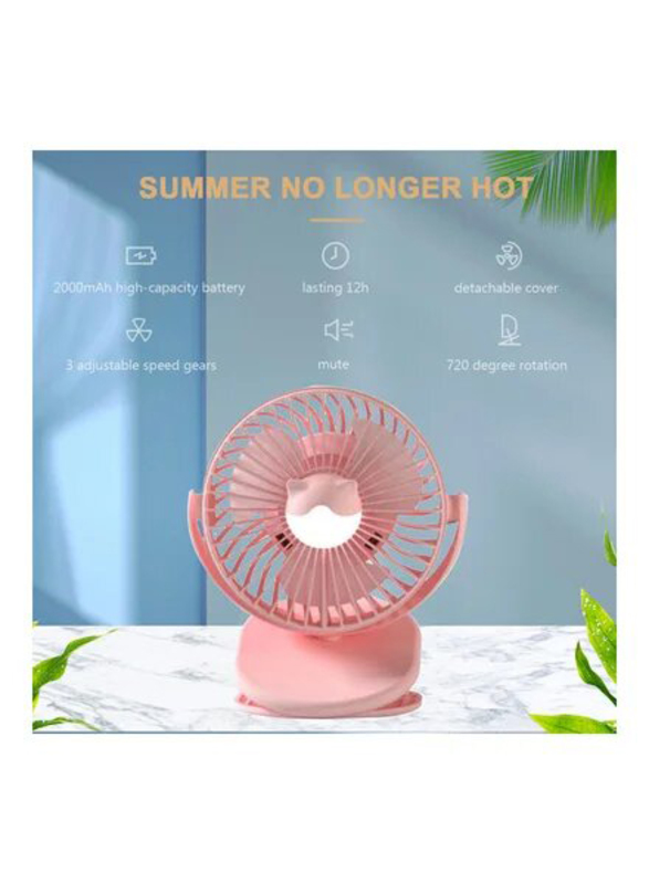3-Speed USB Charging Portable Desk Fan with Night Light, S4-3197, Pink