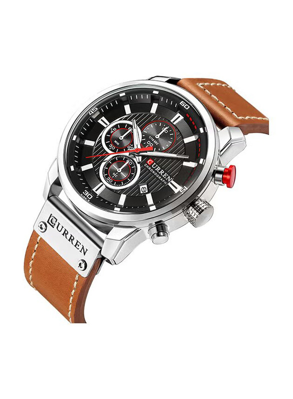 Curren Analog Watch for Men with Leather Band, Water Resistant and Chronograph, J3103, Brown/Black