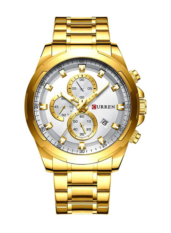 

Curren Analog Watch for Men with Stainless Steel Band, Water Resistant and Chronograph, 8354, Silver-Gold