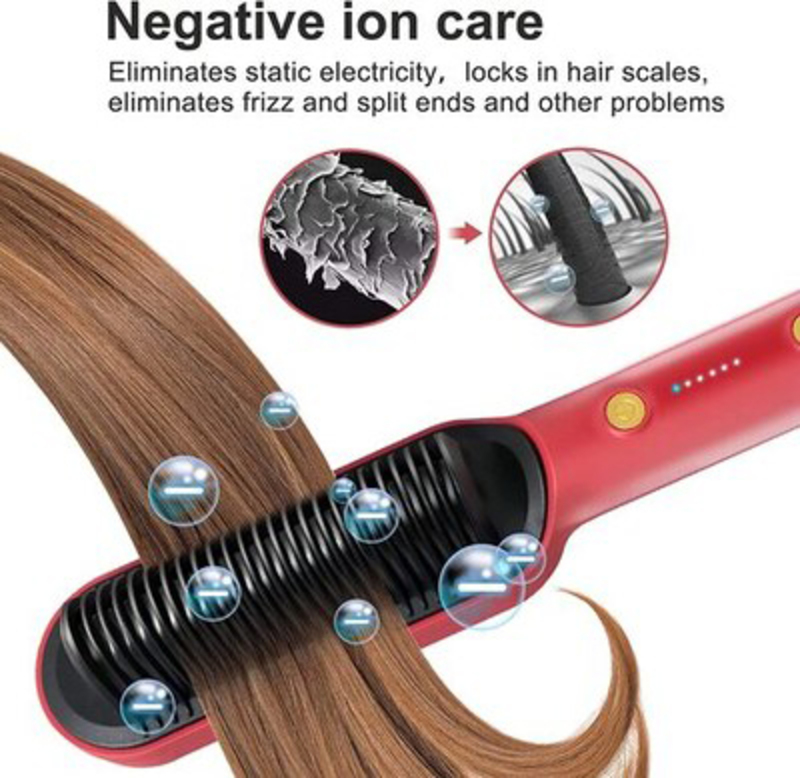 2-In-1 Hair Straightener Brush & Curler Comb with Anti-Scald Technology, Black/Red