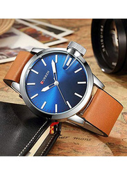 Curren Analog Watch for Men with Leather Band, Water Resistant, 8208, Blue/Brown