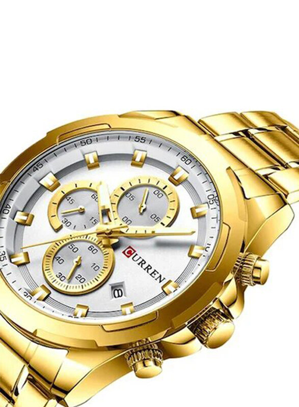 Curren Analog Watch for Men with Stainless Steel Band, Chronograph, 8354, Gold/White