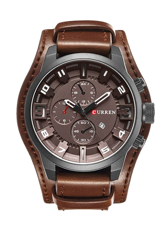 Curren Analog Watch for Men with Leather Band, NNSB03700286, Brown-Brown