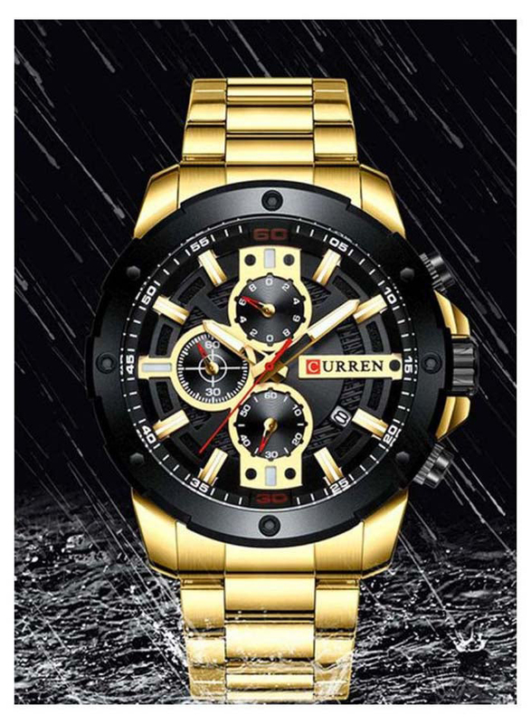 Curren Analog Watch for Men with Stainless Steel Band, Water Resistant and Chronograph, J4057G-KM, Gold-Black