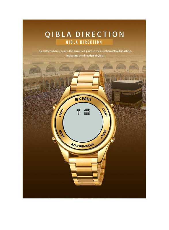 SKMEI Digital Adhan Alarm & Islamic Calendar Prayer Watch with Stainless Steel Band, Gold-Multicolour