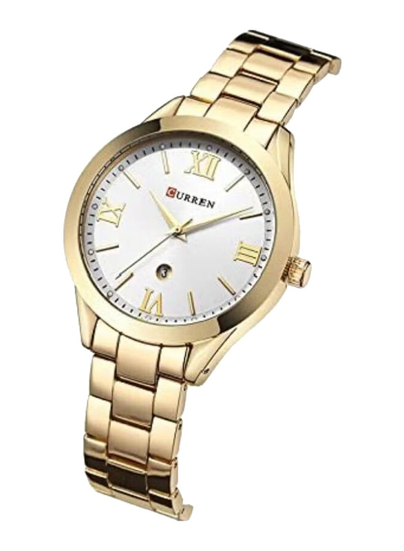 Curren Analog Watch for Women with Stainless Steel Band, 9007, Gold/White