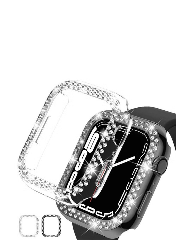 Protective PC Bling Cover Diamond Case Crystal Frame Case Cover for Apple Watch Girl Series 7 45mm, 2 Pieces, Clear/Black