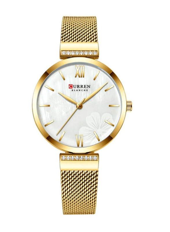 Curren Analog Watch for Women with Stainless Steel Band, Water Resistant, 9067, Gold-White