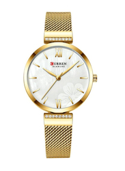 Curren Analog Watch for Women with Stainless Steel Band, Water Resistant, 9067, Gold-White