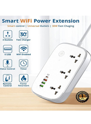 Jbq 2-Meter 30W USB-C, USB-A 4 Fast Wi-Fi Smart Power Strip Extension Cord Surge Protector Multi Plug Socket with 3 Universal Electrical Outlets, White
