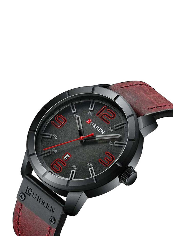 

Curren 48mm Analog Wrist Watch for Men with Leather Strap, Water Resistant, M-8327-2, Red-Red/Black