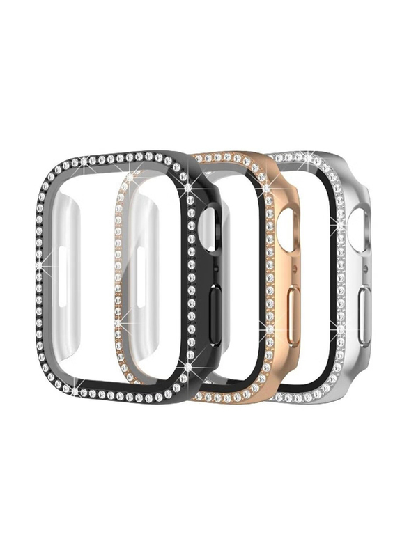 iWatch Protective PC Bling Diamond Crystal Frame Case Cover For Women Girl Series 7 45mm, 3-Pieces, Black/Rose Gold/Silver