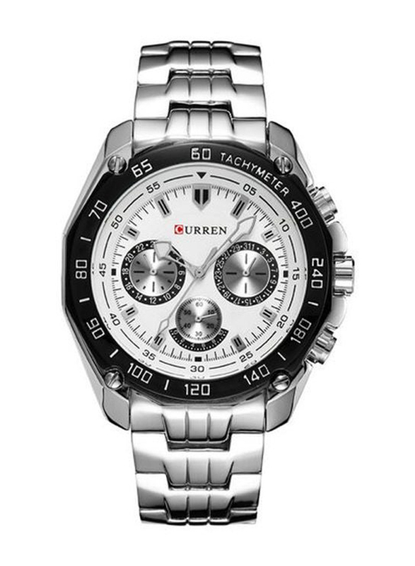 Curren Analog Watch for Men with Stainless Steel Band, Water Resistant and Chronograph, KREA35, Silver-White