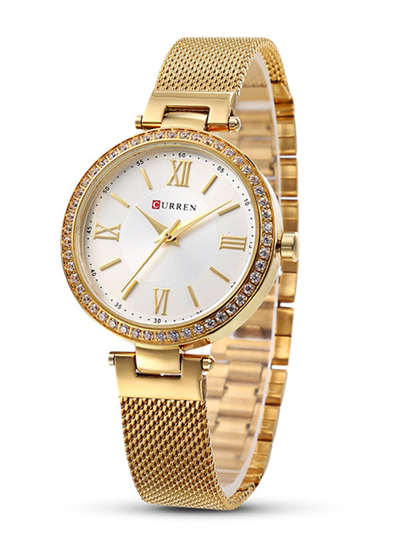 Curren Analog Watch for Women with Stainless Steel Band, Water Resistant, 9014, Gold-White
