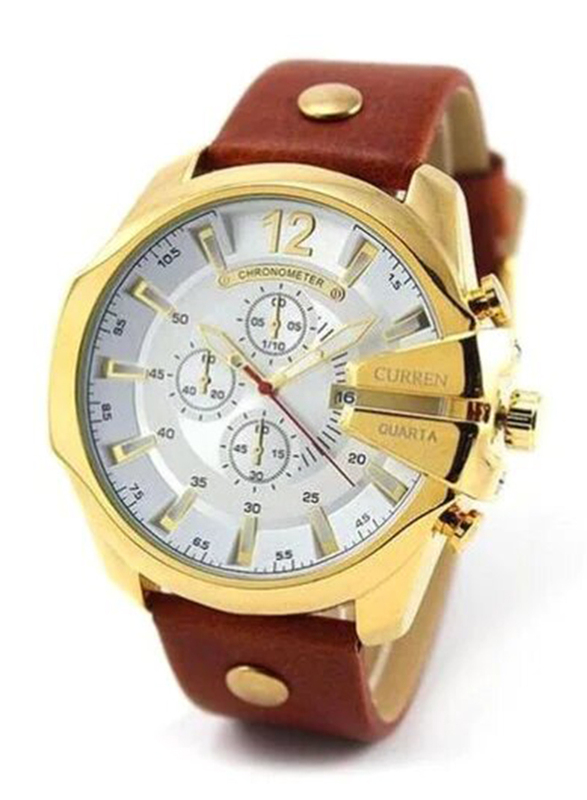 Curren Analog Watch for Men with Leather Band, Chronograph, 8176, Brown/White