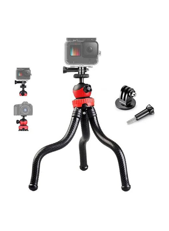 Flexible Tripod Action Camera Stand for Gopro Hero 9 /8/7/6/5/AKASO/SJCAM/YI/DJI Osmo Action/DSLR Canon Nikon Sony Camera 3 in 1 Flexible Tripod with Adapter & Long Screw, Black/Red