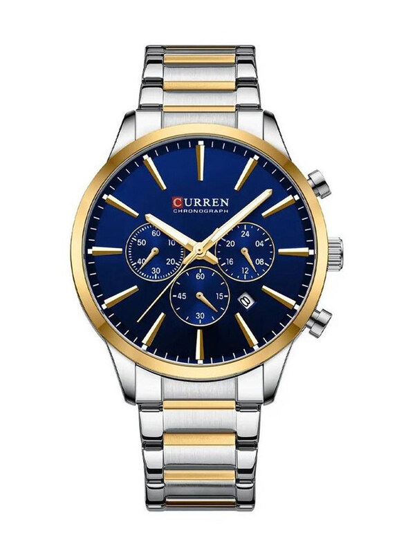 

Curren Analog Stylish Design Watch Luminous Display Auto Wrist Watch for Men with Stainless Steel Band, Water Resistant, 8435, Silver/Gold-Blue/Gold