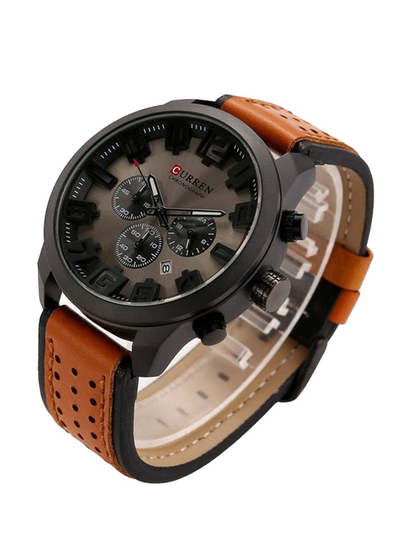 Curren Analog Watch for Men with Leather Band, Water Resistant & Chronograph, WT-CU-8289-GY, Brown-Black