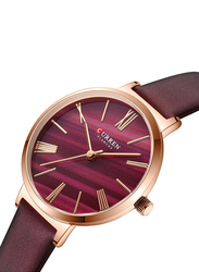 Curren Analog Watch for Women with Leather Band, Water Resistant, 9076, Dark Brown-Red