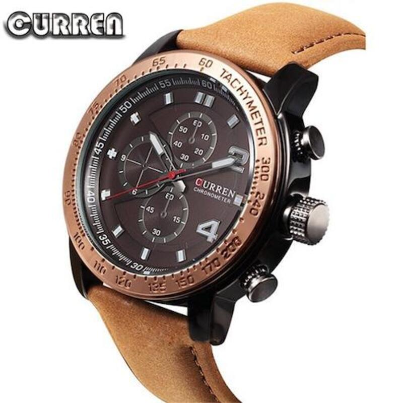 Curren Analog Watch for Men with Leather Band, Water Resistant and Chronograph, 8190, Brown