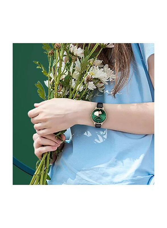 Curren Stone Studded Analog Watch for Women with Leather Band, J-4781GR, Black/Green