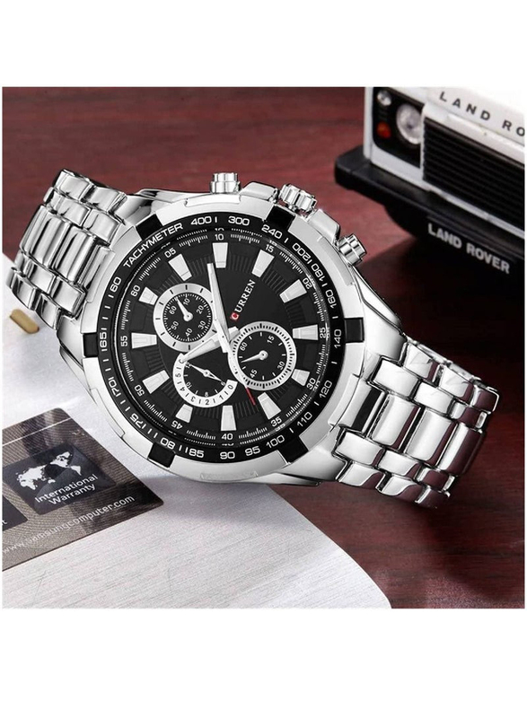 Curren Analog Watch for Men with Stainless Steel Band, Water Resistant and Chronograph, Silver-Black
