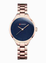 Curren Analog Watch for Women with Stainless Steel Band, Water Resistant, WT-CU-9015-GO1#D2, Blue/Rose Gold