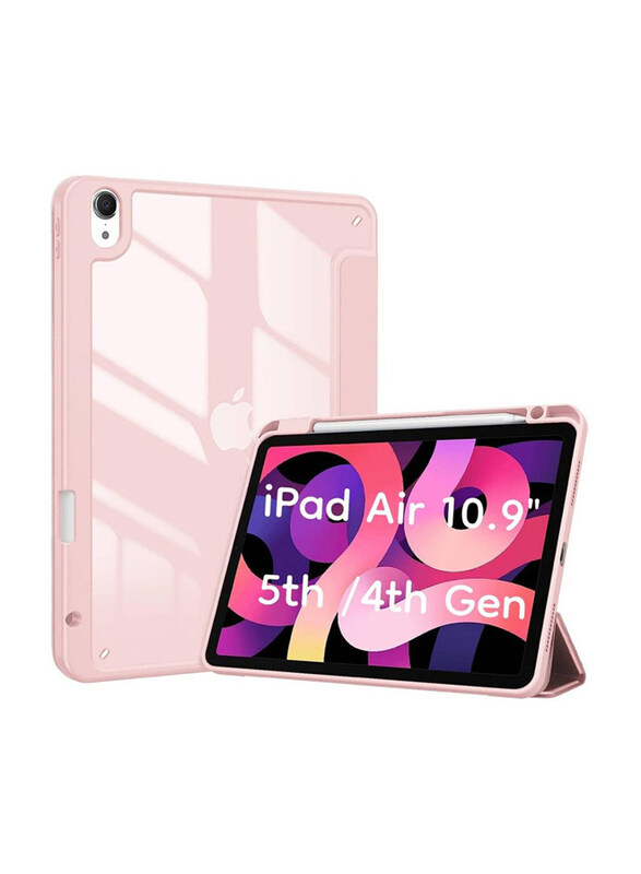 

Hyx Apple iPad Air 10.9-inch 5th/4th Generation Transparent Back Shell Trifold Protective Smart Tablet Case Cover With Pencil Holder, Pink