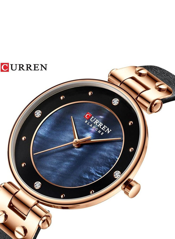 Curren Analog Watch for Women with Leather Band, Water Resistant, 9056, Black-Black/Blue