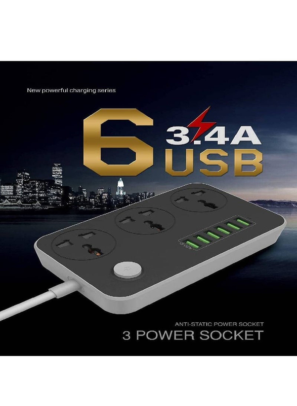 Universal Power Strips 3 Way Outlets 6 USB Plug Ports Surge Protection Power Socket, Black/Grey