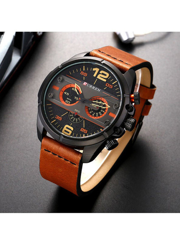 Curren Analog Watch for Men with Leather Band, Chronograph, J3748BBR-KM, Brown-Black