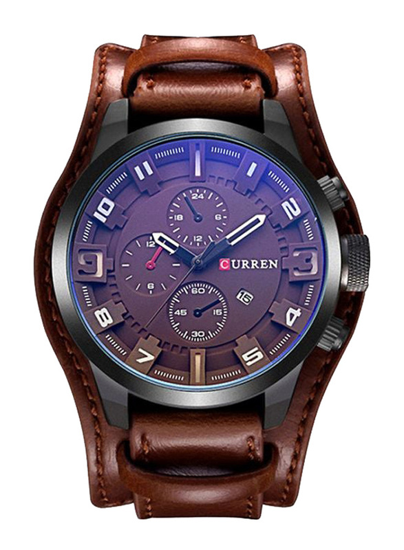 Curren Analog Watch for Men with Leather Band, Water Resistant & Chronograph, 8225, Black/Brown