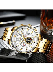 Curren Analog Watch for Men with Stainless Steel Band, Chronograph, J4518G-S-KM, Gold/White