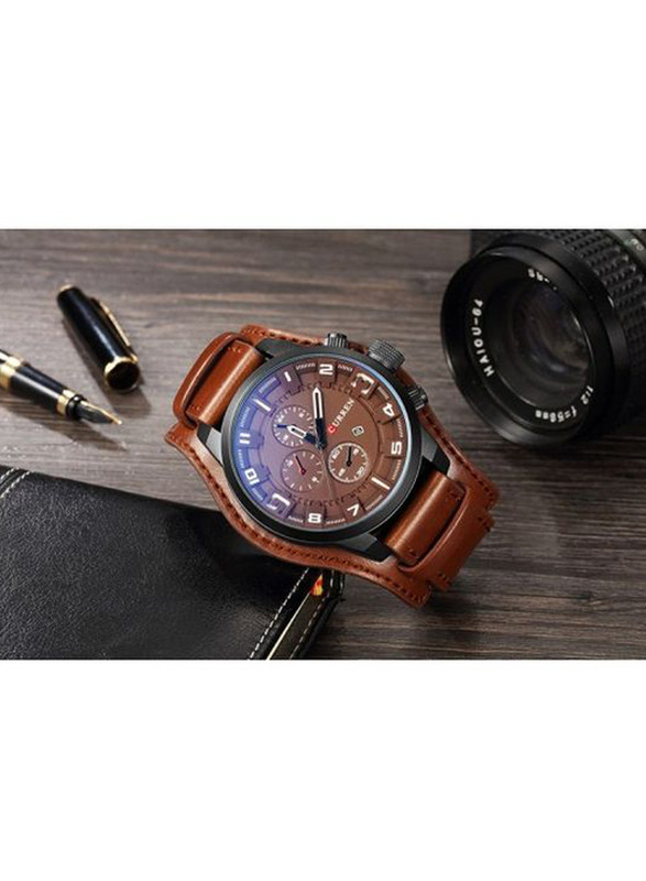 Curren Analog Watch for Men with Leather Band, Water Resistant & Chronograph, 8225, Black/Brown