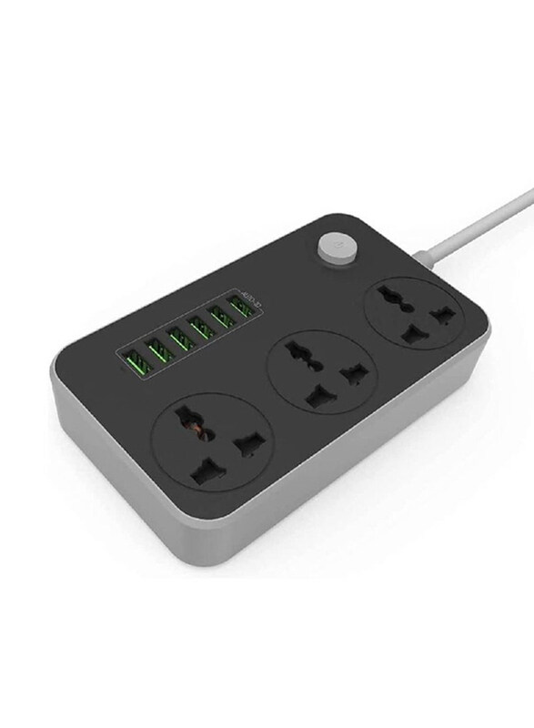 Universal Power Strips 3 Way Outlets 6 USB Plug Ports Surge Protection Power Socket, Black/Grey