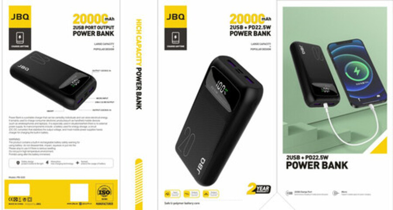 JBQ 20000mAh Fast Charging Power Bank with PD22.5W Dual Port USB and Type-C Input, Black