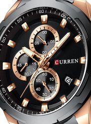 Curren Analog Watch for Men with Stainless Steel Band, Water Resistant and Chronograph, 8354, Black-Rose Gold/Black